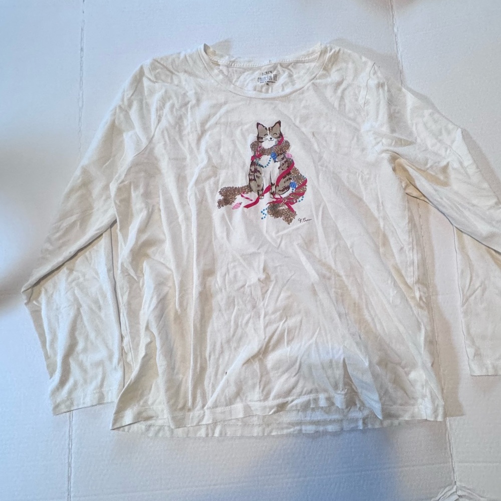 J. Crew Cream Cat Graphic Long Sleeve Tee - Picture 2 of 8